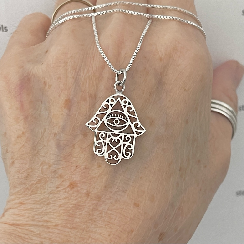 Silver Hamsa With Evil Eye Necklace, Hand Of Fatima Chain, Religious Necklaces